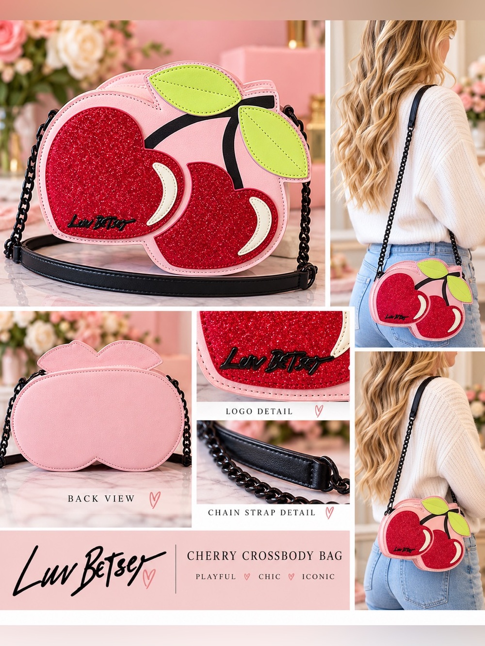 Luv BETSEY Cherry Crossbody Bag - Pink Glitter Purse